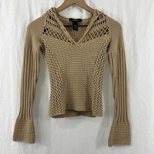Express Y2K Tan Crochet Knit Hooded Sweater Pullover Sz XS Boho Beach Festival